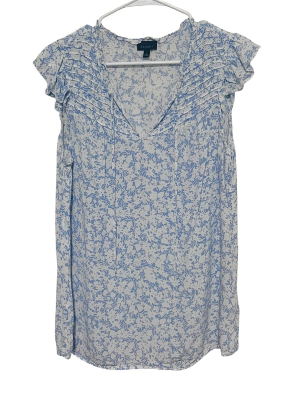 Talbots Floral Cottagecore Flutter Sleeve Top Large Blue White Tie Neck Shirt